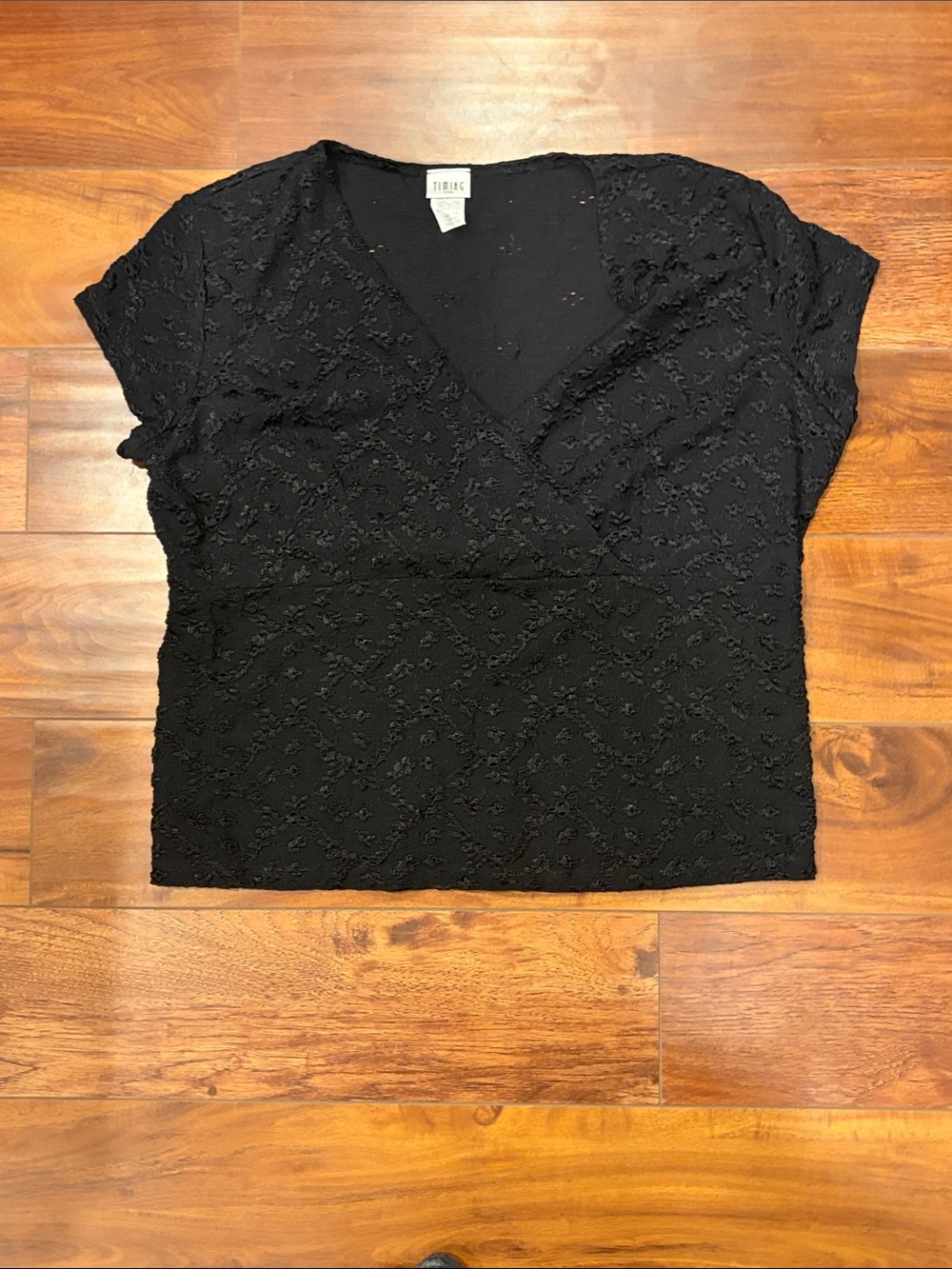 Timing Vintage Black Textured V-Neck Short Sleeve Blouse Size 3XL